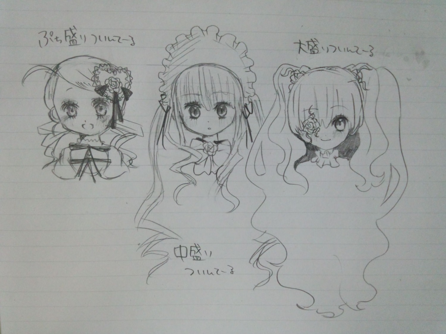 3girls :d blush dress drill_hair eyebrows_visible_through_hair image long_hair looking_at_viewer monochrome multiple open_mouth photo smile tagme traditional_media twin_drills twintails