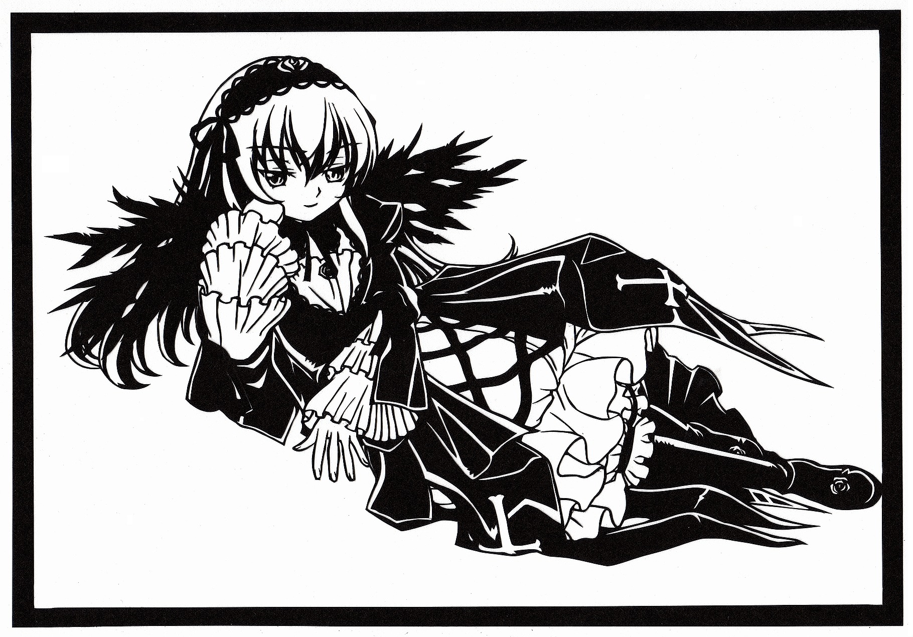 1girl boots cross-laced_clothes dress frilled_sleeves frills full_body greyscale hairband image lolita_hairband long_hair long_sleeves looking_at_viewer monochrome rose solo suigintou wings