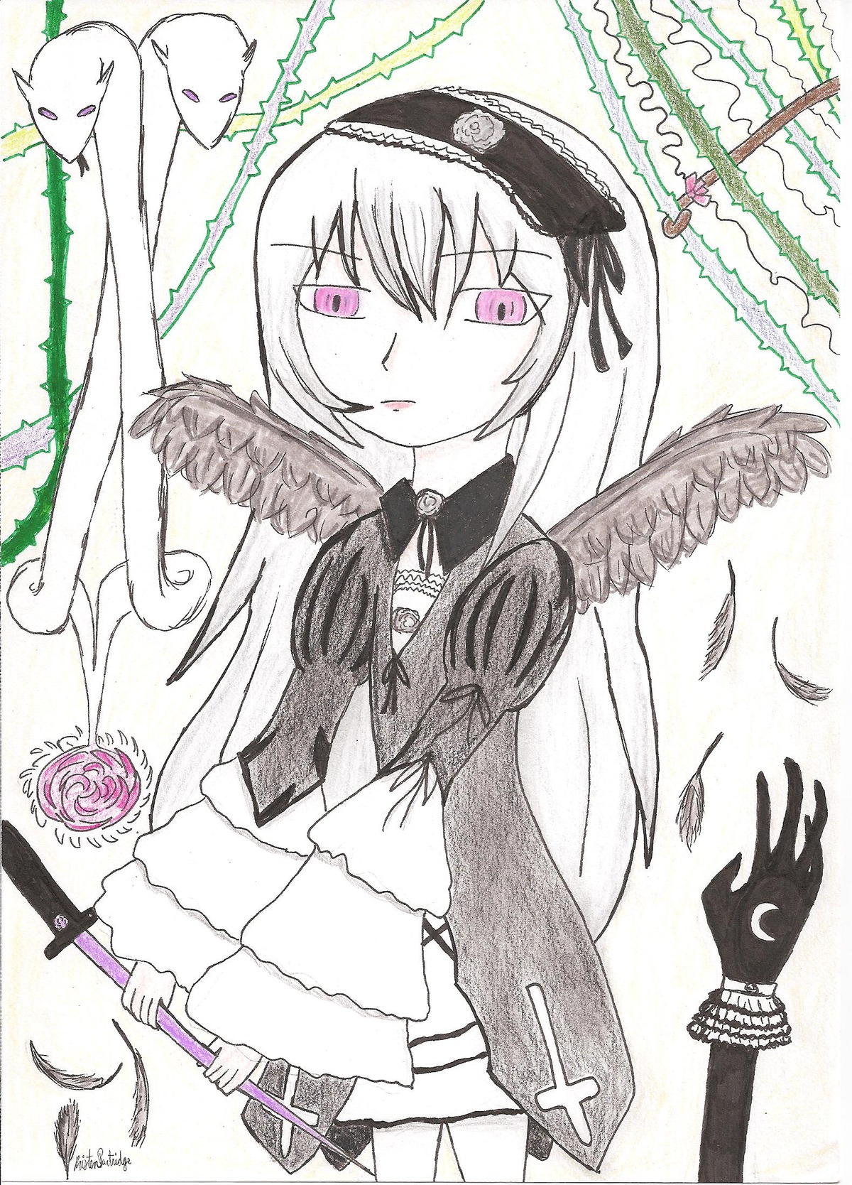 1girl bird black_wings closed_mouth dress feathered_wings feathers flower hairband holding holding_weapon image long_hair long_sleeves looking_at_viewer pink_eyes purple_eyes rose solo suigintou sword weapon wings