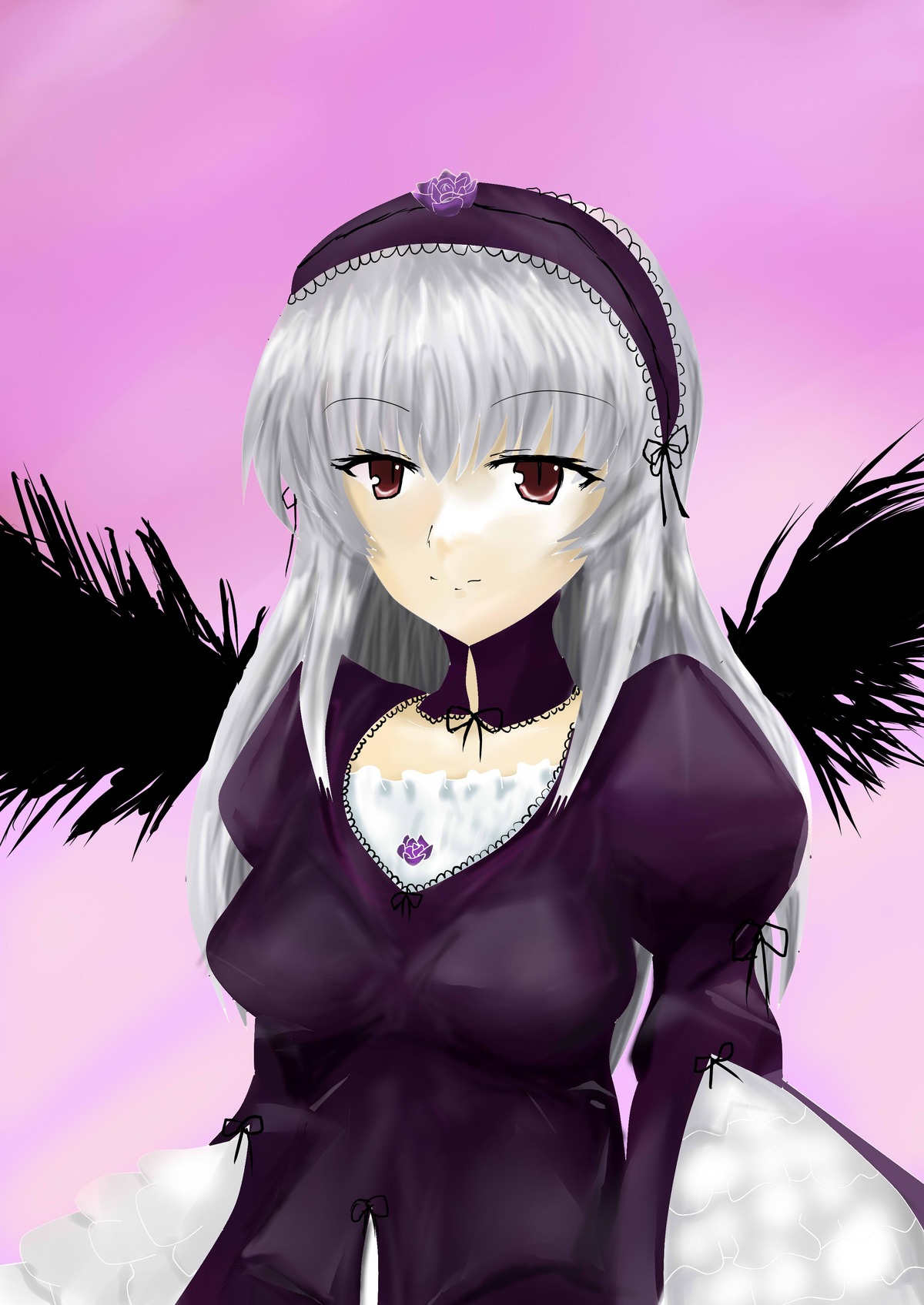 1girl black_wings detached_collar dress feathers frills gradient gradient_background hairband image juliet_sleeves long_hair long_sleeves looking_at_viewer pink_background pink_eyes silver_hair smile solo suigintou upper_body wings