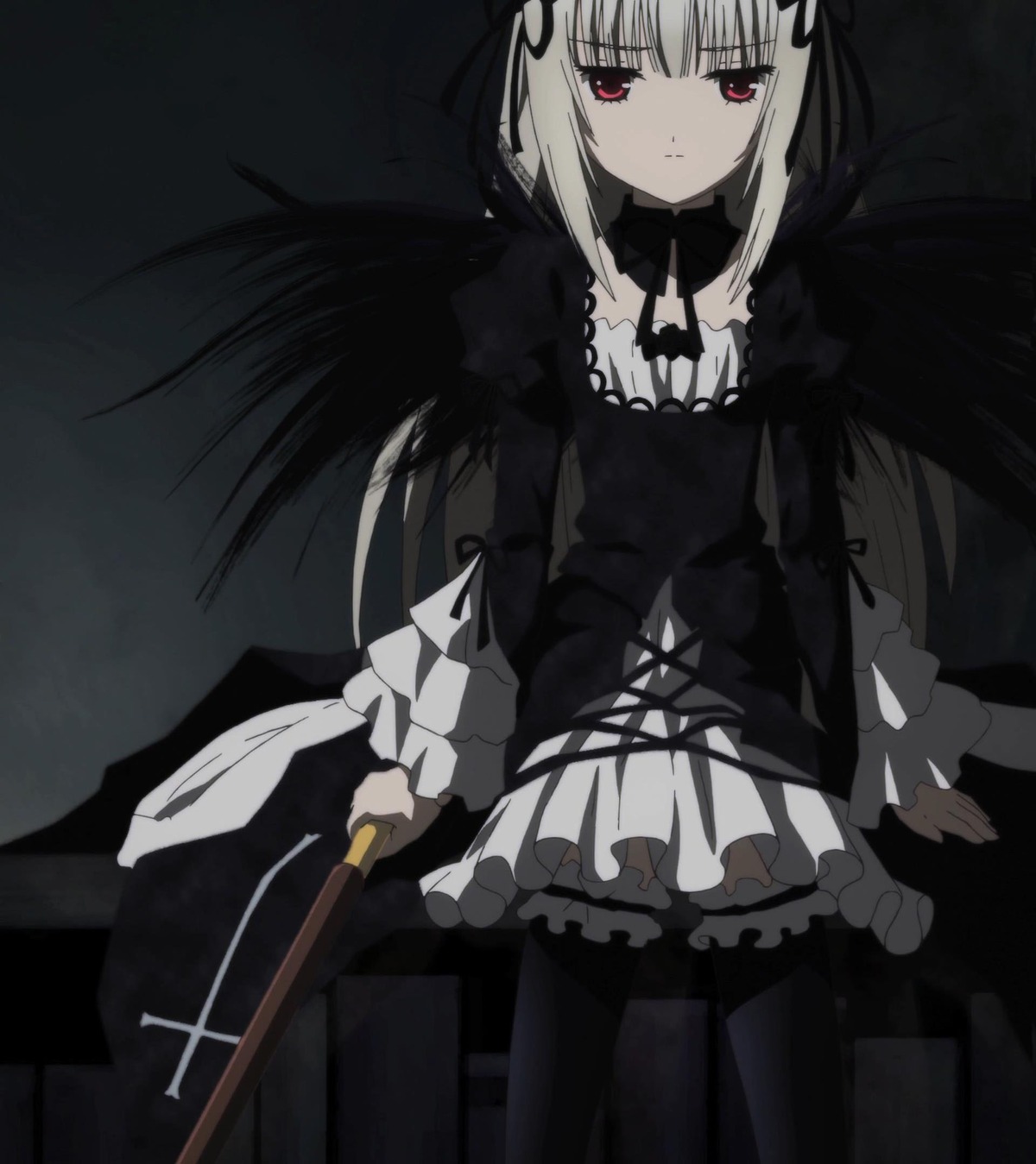 1girl black_dress black_legwear black_wings closed_mouth detached_collar dress frills gothic_lolita hairband image lolita_fashion lolita_hairband long_hair long_sleeves looking_at_viewer puffy_sleeves red_eyes ribbon solo standing suigintou thighhighs weapon wings