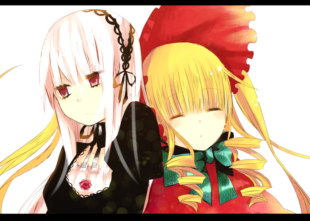 2girls blonde_hair closed_eyes dress drill_hair flower hairband image letterboxed long_hair long_sleeves looking_at_viewer multiple_girls pair rose shinku simple_background sleeping suigintou twin_drills