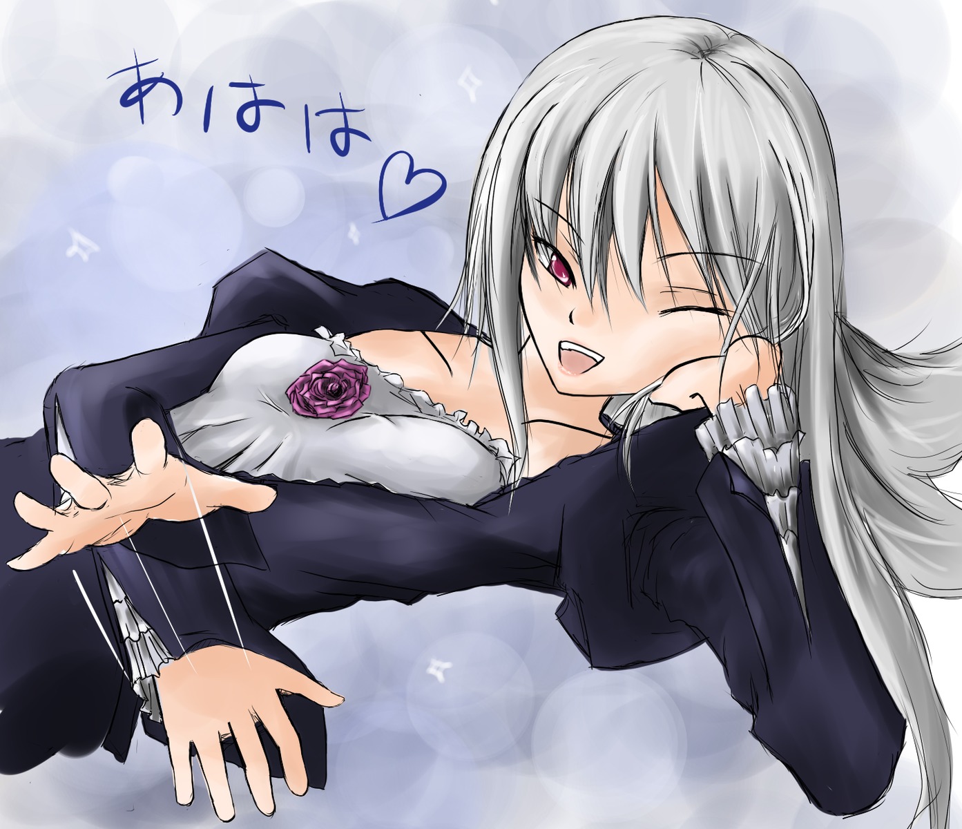 1girl dress flower heart image long_hair long_sleeves one_eye_closed open_mouth rose silver_hair smile solo suigintou