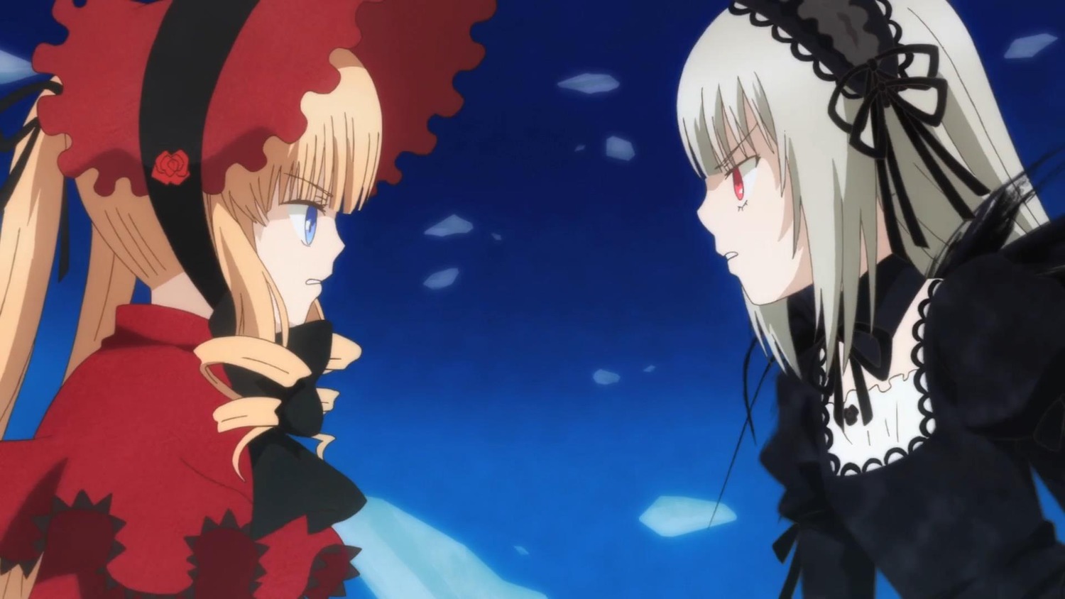 2girls black_wings blonde_hair blue_eyes bonnet bow dress drill_hair eye_contact flower frills hairband image lolita_hairband long_hair long_sleeves looking_at_another multiple_girls pair petals possible_duplicate profile red_eyes rose shinku silver_hair suigintou twintails yuri