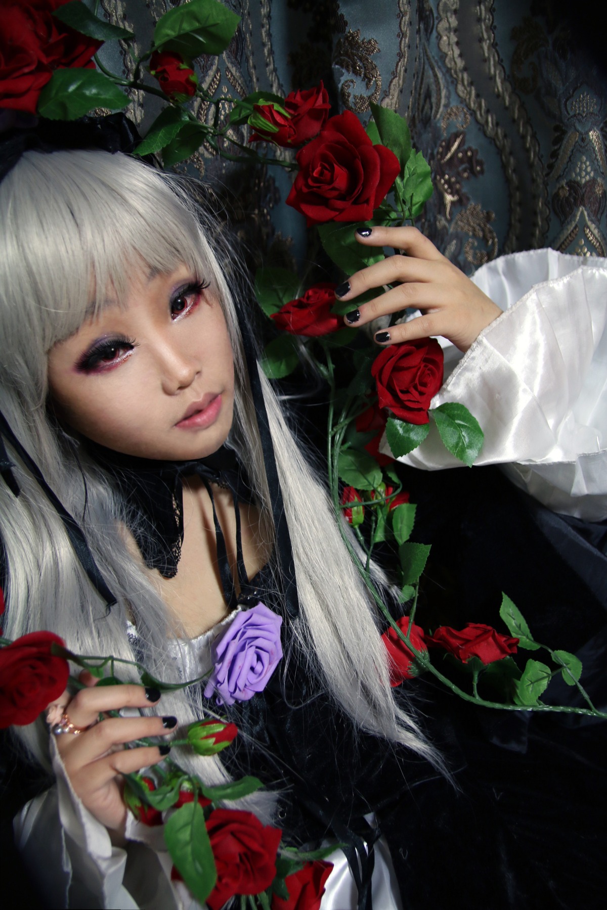 1girl bangs camellia fingernails flower lips long_hair nail_polish red_flower red_nails red_rose ring rose solo suigintou thorns upper_body