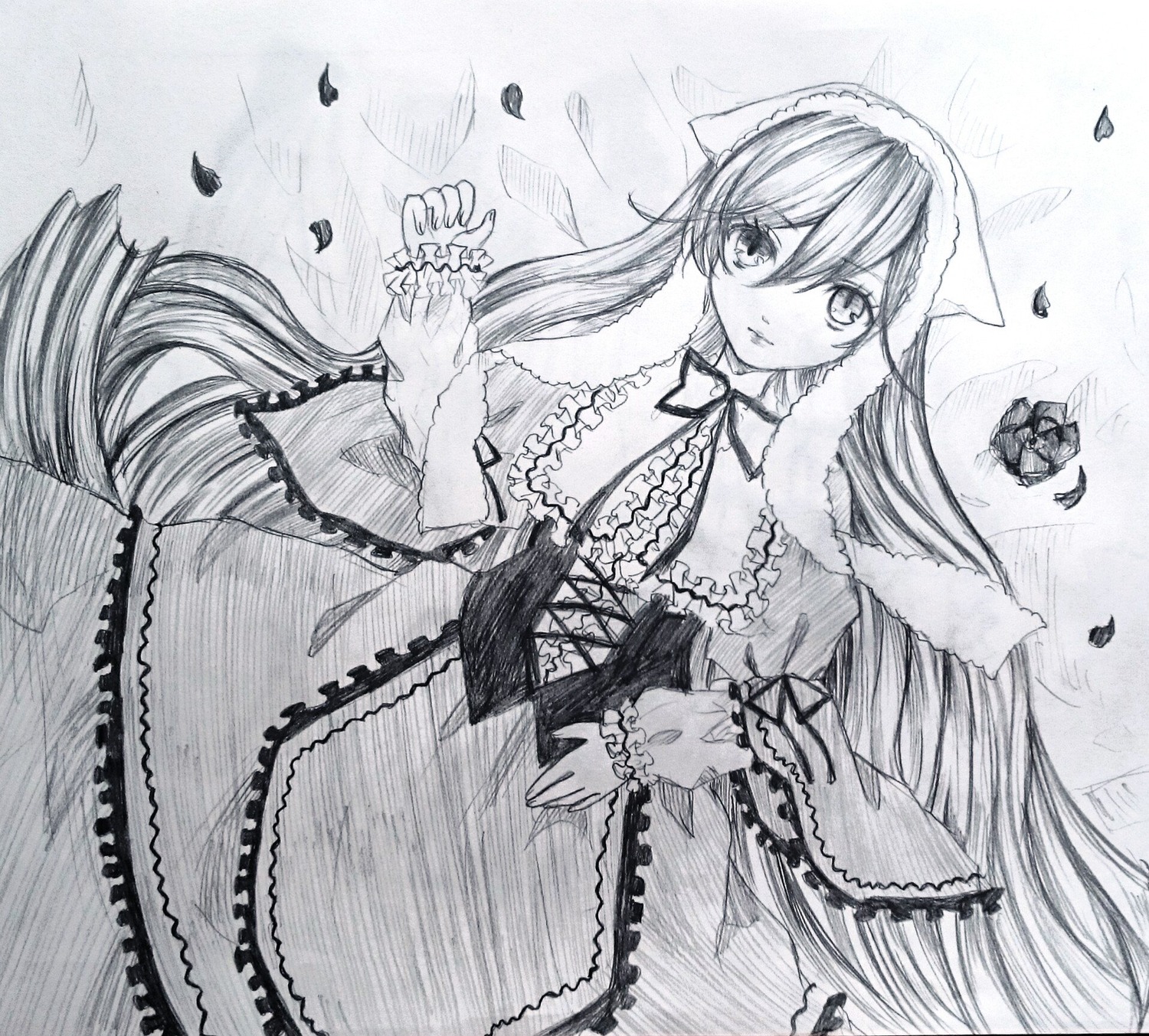 1girl dress frills graphite_(medium) greyscale hair_between_eyes image long_hair long_sleeves looking_at_viewer lying monochrome neck_ribbon on_back petals ribbon solo suiseiseki traditional_media very_long_hair