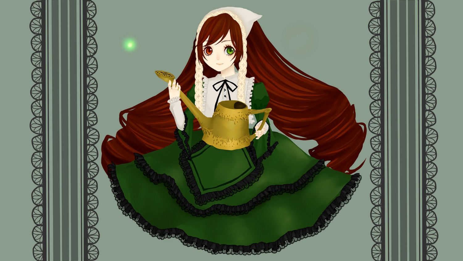 1girl auto_tagged brown_hair dress drill_hair frills green_dress green_eyes head_scarf heterochromia image long_hair long_sleeves looking_at_viewer red_eyes simple_background solo suiseiseki twin_drills twintails very_long_hair watering_can