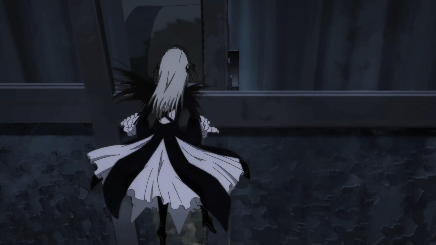 1girl dress image long_hair long_sleeves monochrome solo standing suigintou