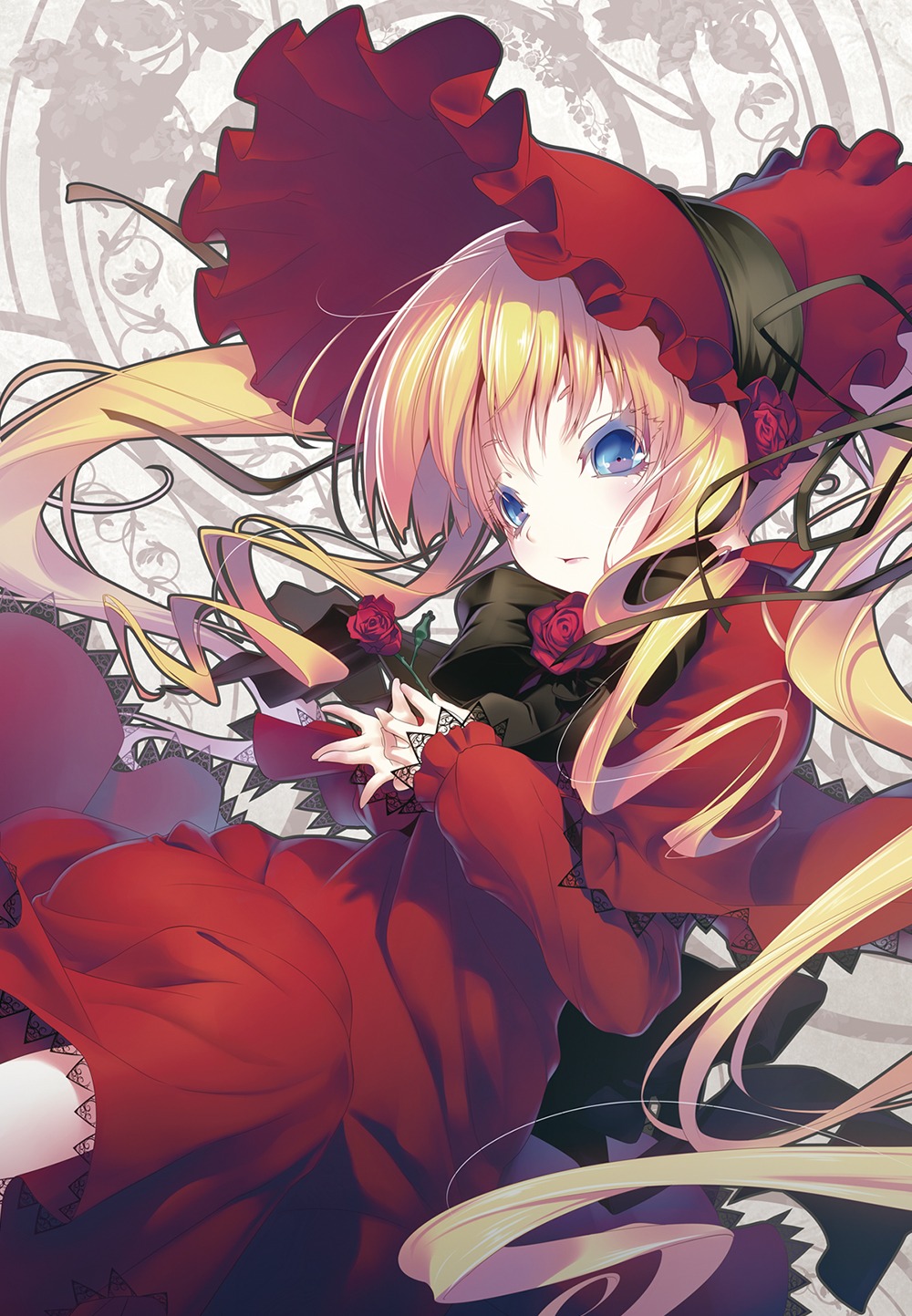 1girl blonde_hair blue_eyes bonnet bow bowtie capelet commentary_request dress flower gothic_lolita hat highres image lolita_fashion long_hair long_sleeves looking_at_viewer nilitsu plant red_capelet red_dress red_flower red_rose rose rozen_maiden shinku solo twintails very_long_hair vines