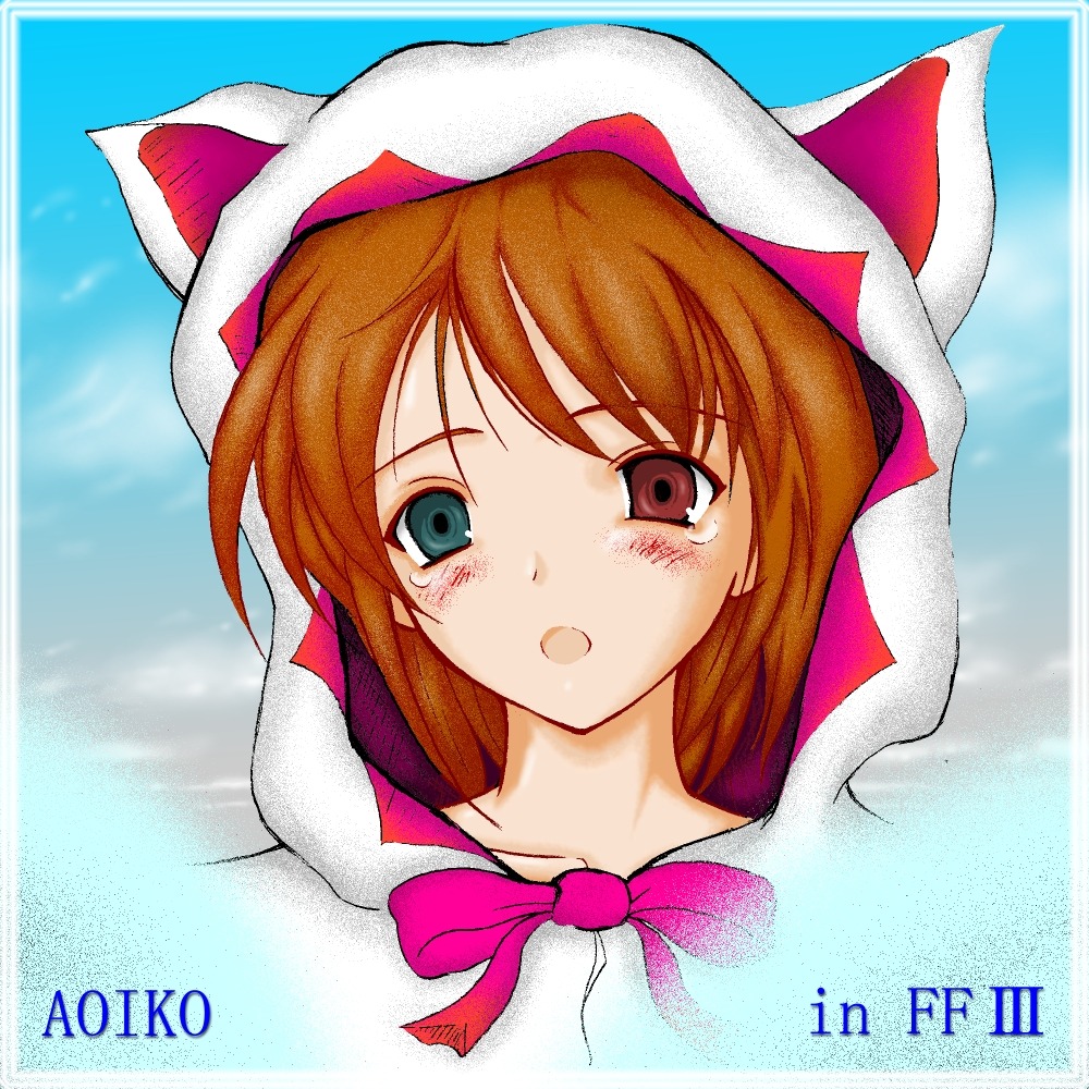 1girl animal_hood blue_eyes blush brown_hair cat_hood crying crying_with_eyes_open heterochromia hood image looking_at_viewer open_mouth pink_bow solo souseiseki tears