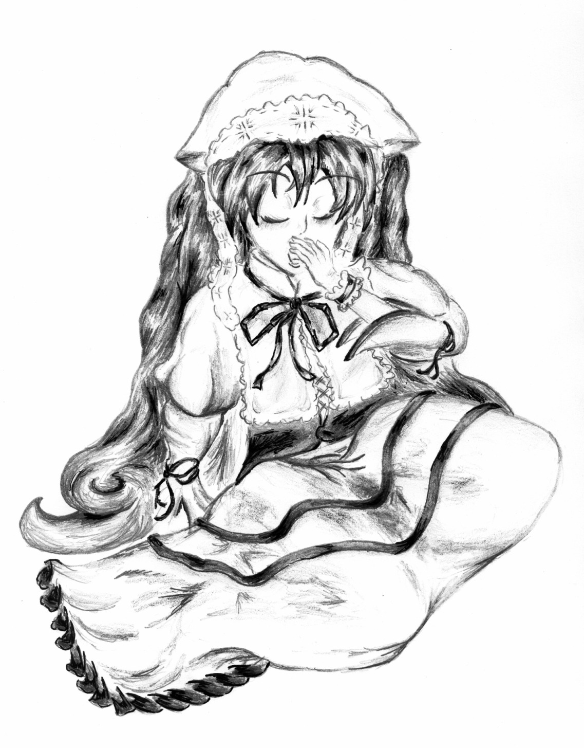 1girl closed_eyes dress greyscale hat image long_hair long_sleeves monochrome ribbon sitting solo suiseiseki traditional_media