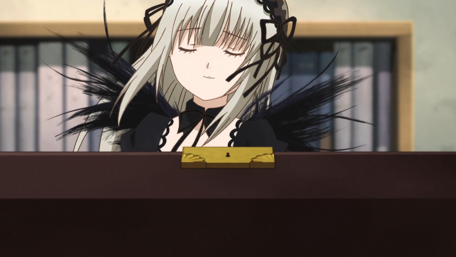 1girl black_choker black_dress black_ribbon black_wings blurry blurry_background closed_eyes closed_mouth depth_of_field dress hairband image long_hair long_sleeves photo ribbon silver_hair solo suigintou upper_body wings