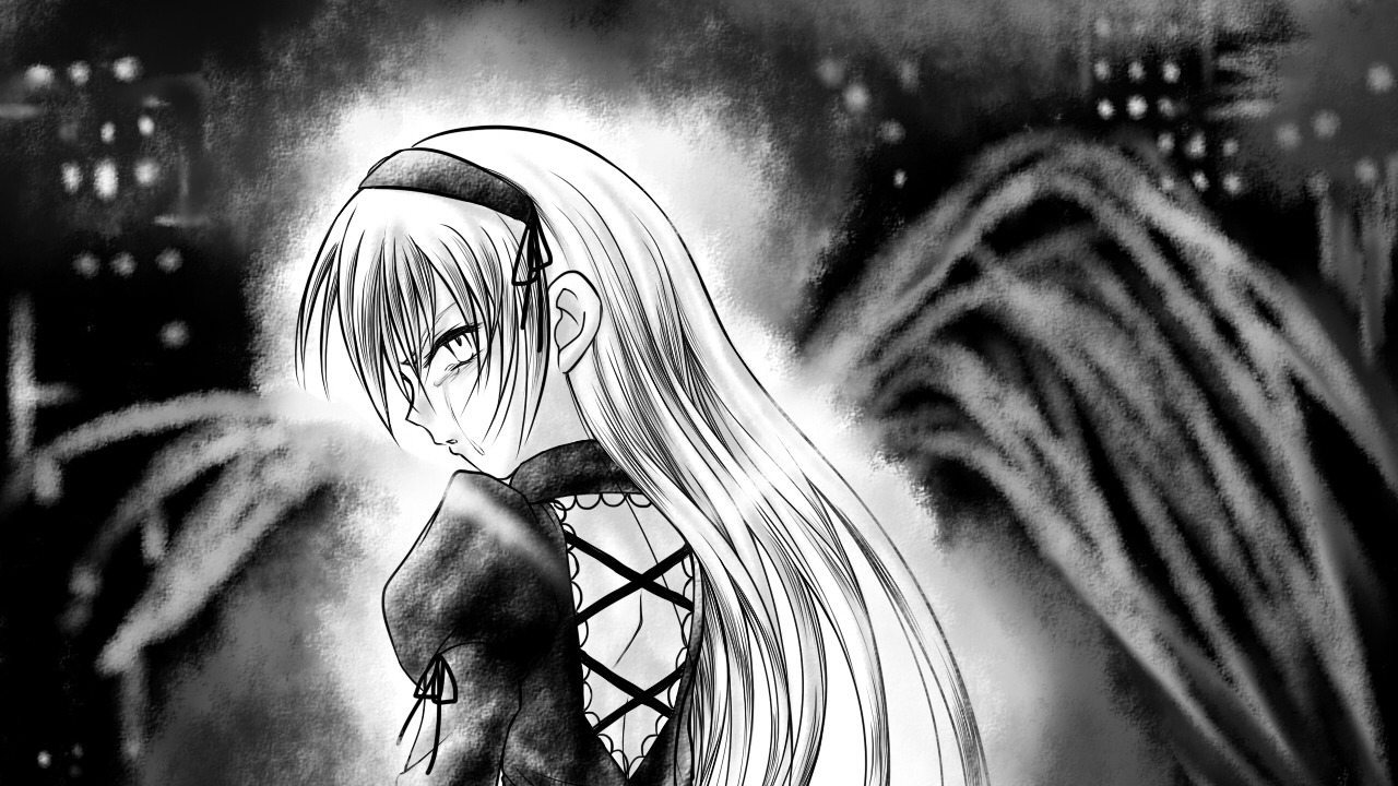 1girl dress frills greyscale hairband image juliet_sleeves long_hair long_sleeves looking_at_viewer monochrome profile puffy_sleeves solo suigintou wings