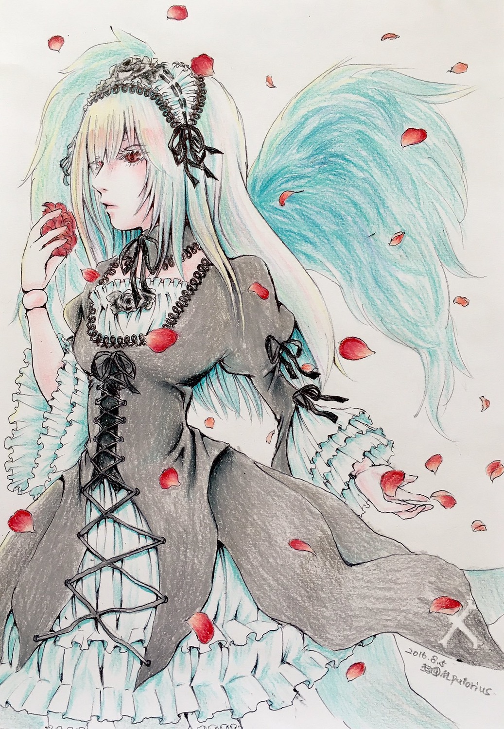 1girl apple closed_mouth dress flower food frills fruit gothic_lolita hairband holding holding_food holding_fruit image juliet_sleeves lolita_fashion long_hair long_sleeves marker_(medium) petals puffy_sleeves red_eyes red_flower rose rose_petals solo suigintou traditional_media very_long_hair white_hair wide_sleeves