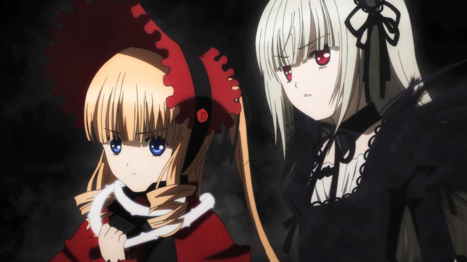 2girls blonde_hair blue_eyes bonnet bow dress drill_hair flower hairband image long_hair long_sleeves multiple_girls pair red_eyes ribbon rose shinku silver_hair suigintou twintails umbrella