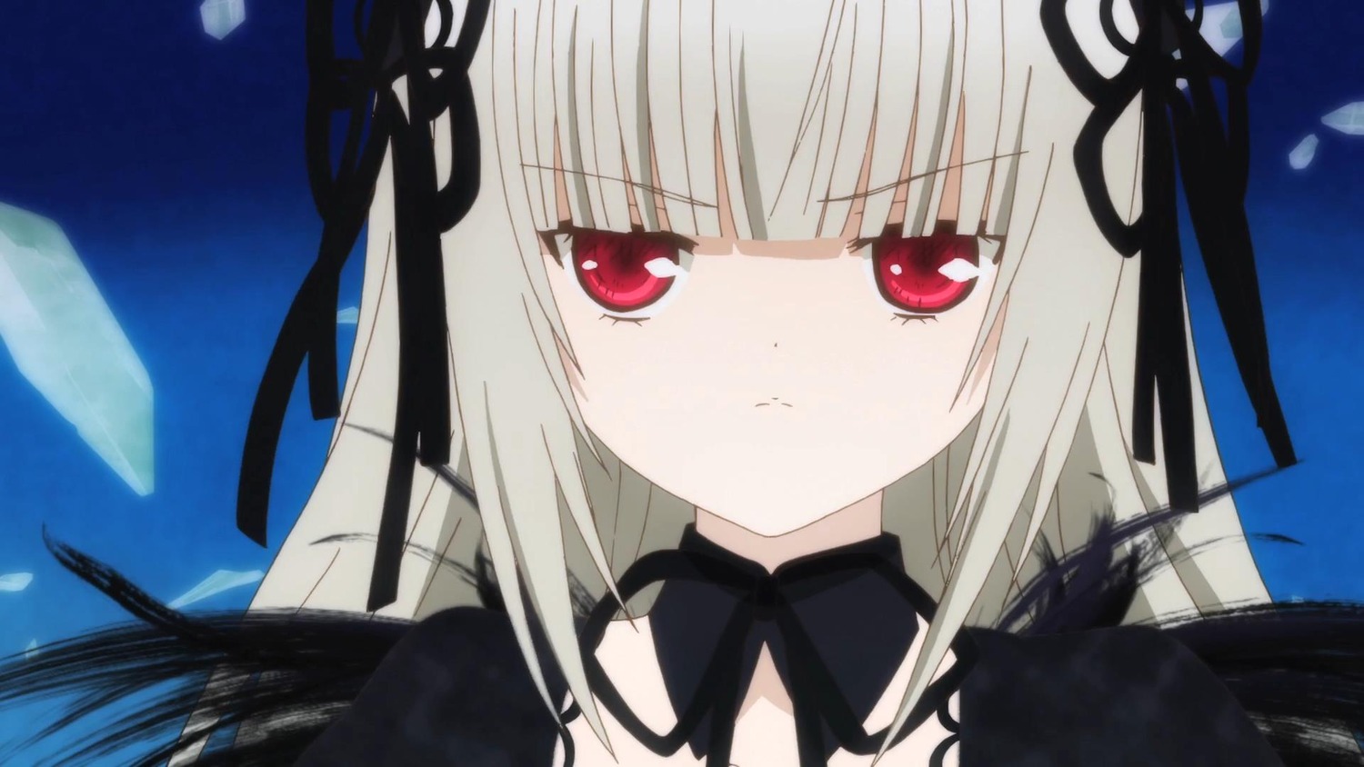 1girl bangs black_ribbon black_wings closed_mouth detached_collar dress flower hair_ribbon hairband image long_hair looking_at_viewer red_eyes ribbon rose silver_hair solo suigintou wings