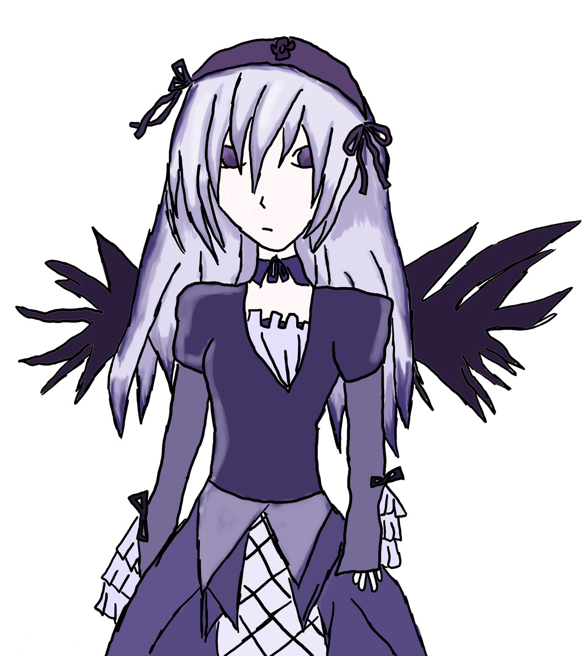 1girl black_wings cowboy_shot dress feathered_wings hairband image long_hair long_sleeves looking_at_viewer simple_background solo suigintou white_background wings