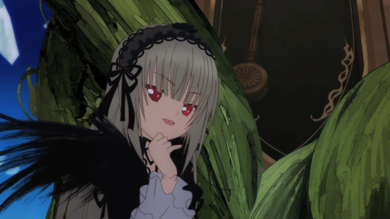 1girl :d bangs black_ribbon dress flower hairband image long_hair long_sleeves looking_at_viewer open_mouth red_eyes ribbon rose silver_hair smile solo suigintou wings