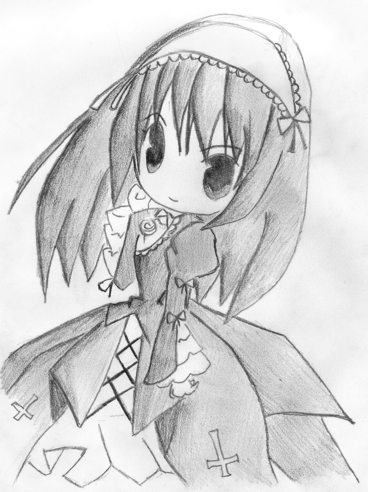 1girl auto_tagged chibi dress greyscale hairband image long_hair long_sleeves looking_at_viewer monochrome ribbon simple_background smile solo standing suigintou traditional_media white_background