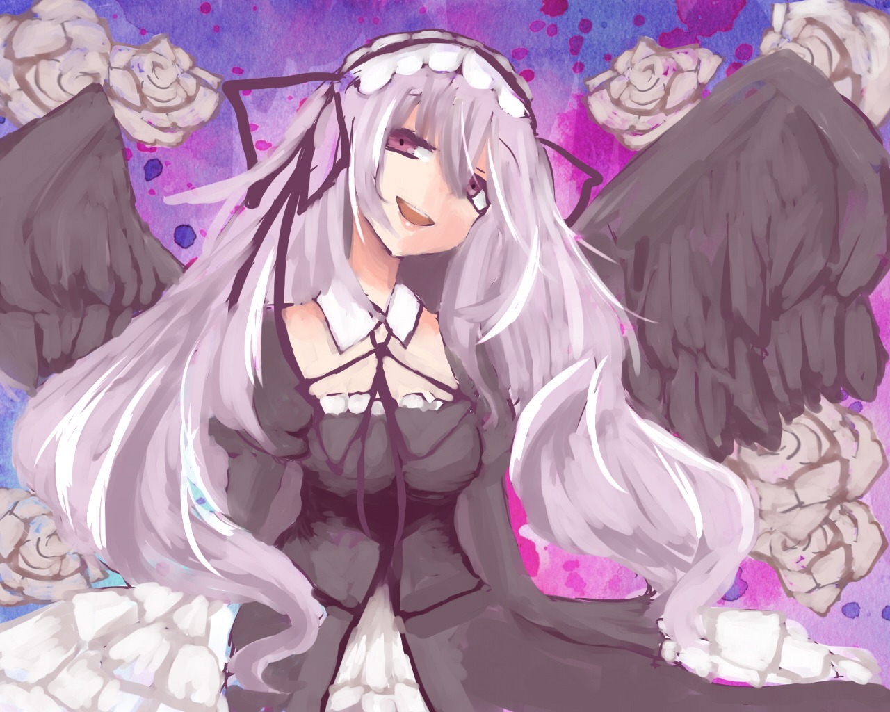 1girl :d black_wings dress feathered_wings flower frills hairband image long_hair long_sleeves looking_at_viewer open_mouth purple_eyes ribbon rose silver_hair smile solo suigintou very_long_hair wings