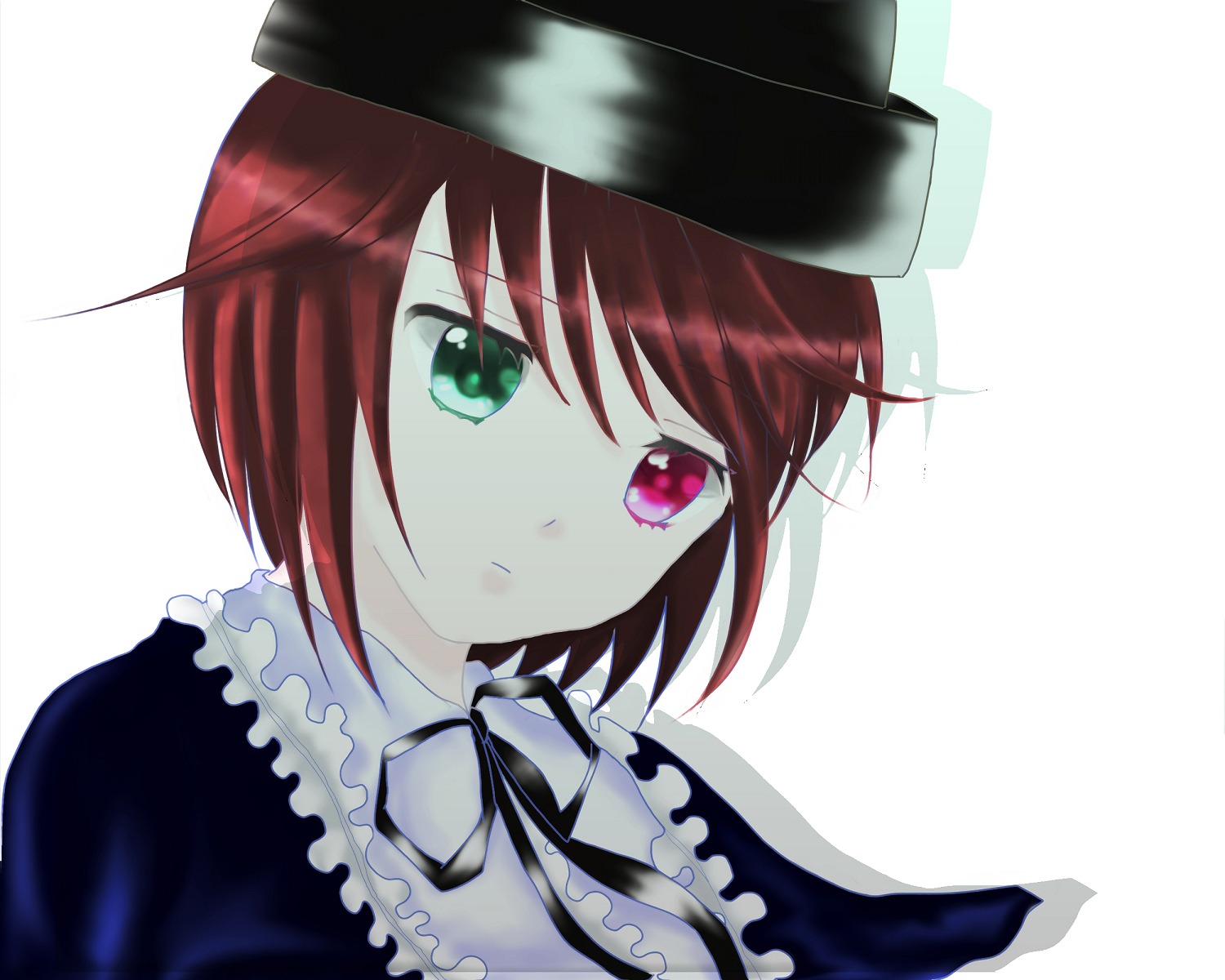 1girl black_headwear black_ribbon eyebrows_visible_through_hair frilled_shirt_collar green_eyes hat heterochromia image looking_at_viewer neck_ribbon red_eyes red_hair ribbon short_hair simple_background solo souseiseki striped striped_background upper_body white_background