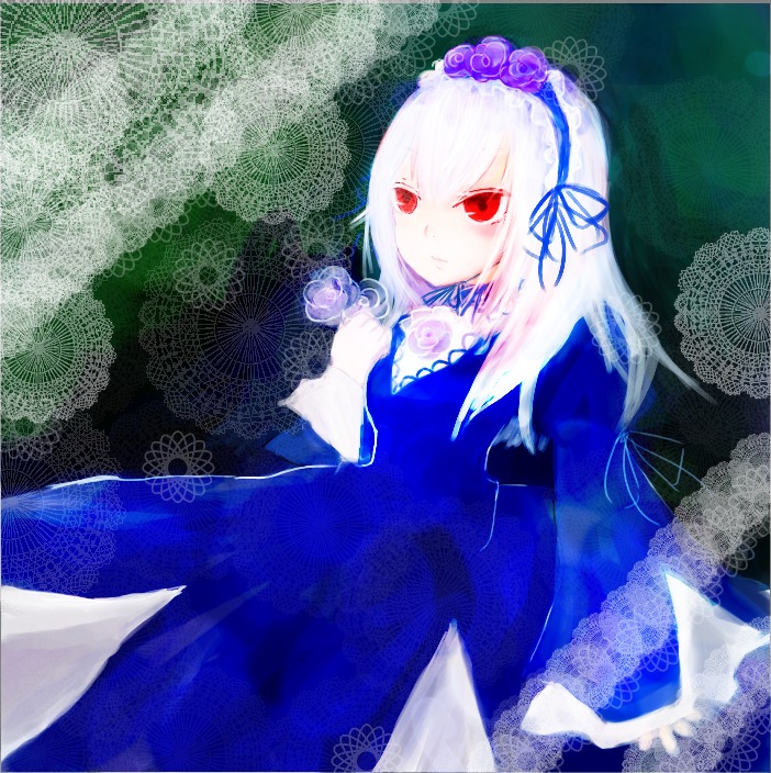 1girl detached_collar dress flower frills hairband image long_hair long_sleeves looking_at_viewer puffy_sleeves red_eyes ribbon rose solo suigintou wings