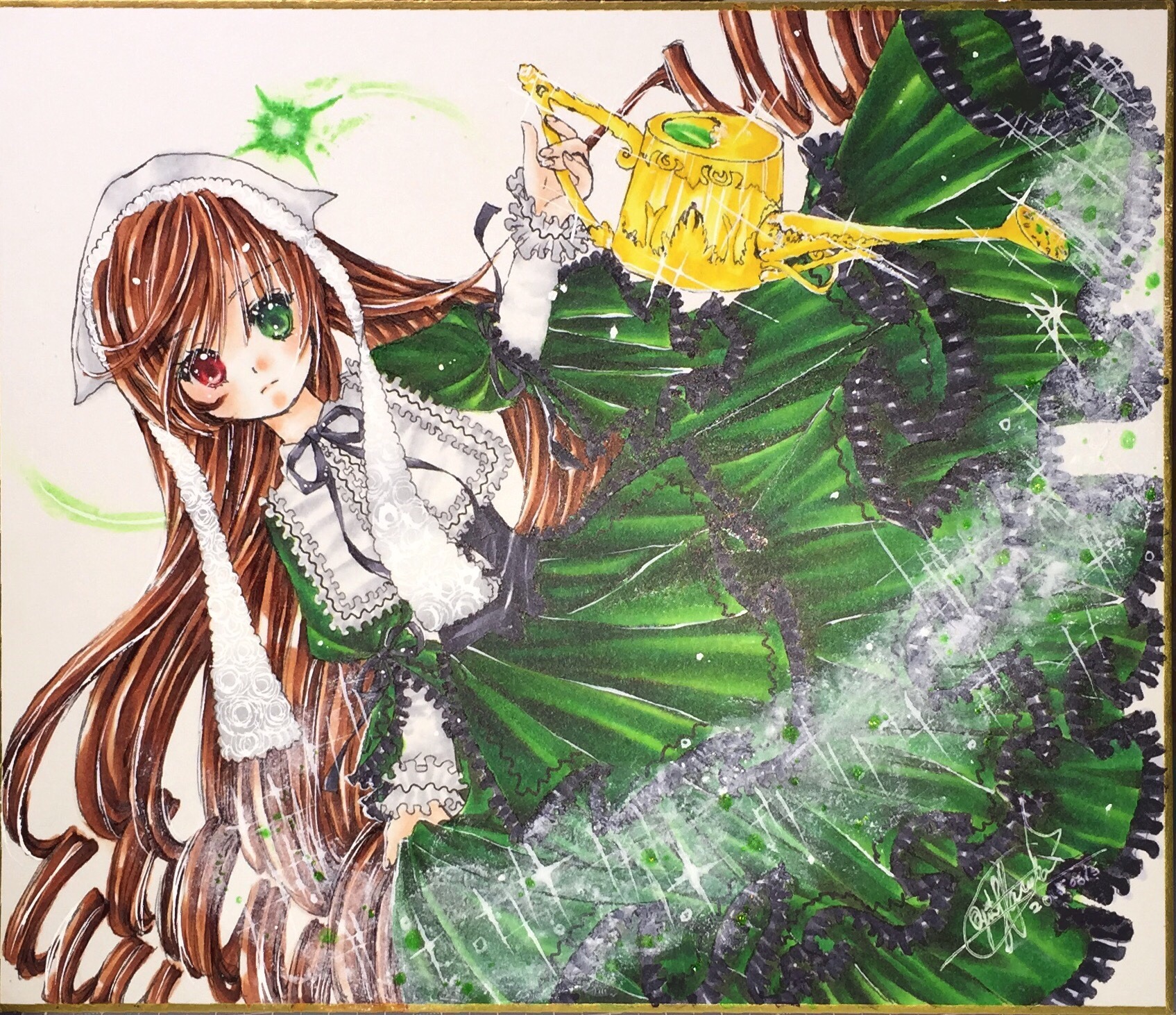 1girl black_ribbon brown_hair dress drill_hair frills green_dress green_eyes head_scarf heterochromia image long_hair long_sleeves looking_at_viewer red_eyes solo suiseiseki traditional_media twin_drills very_long_hair watering_can