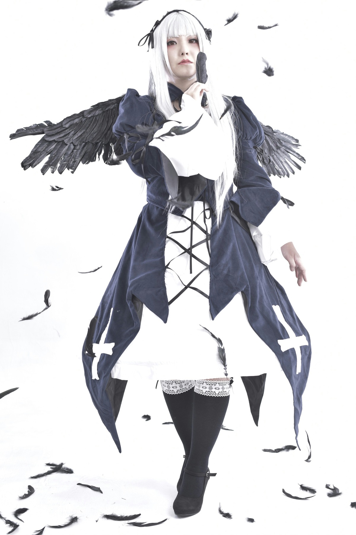 1girl bangs bird black_feathers black_wings closed_mouth crow dove eagle feathered_wings feathers full_body long_hair ribbon seagull solo standing striped suigintou white_feathers white_hair wings