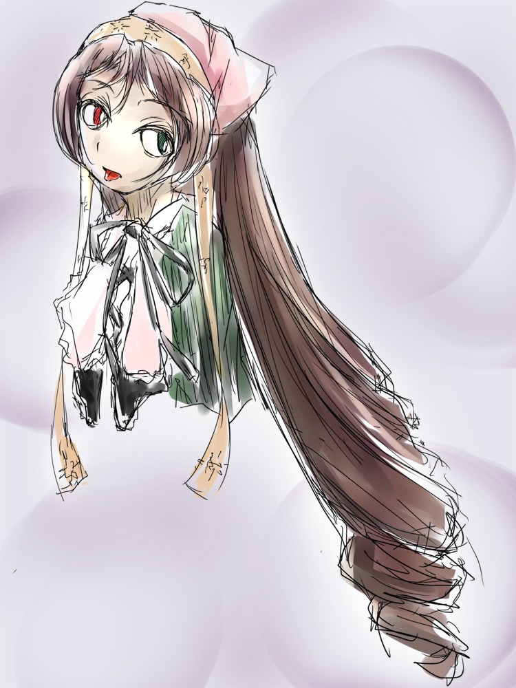 1girl brown_hair dress green_eyes head_scarf heterochromia image long_hair looking_at_viewer red_eyes ribbon solo suiseiseki tongue twintails upper_body very_long_hair