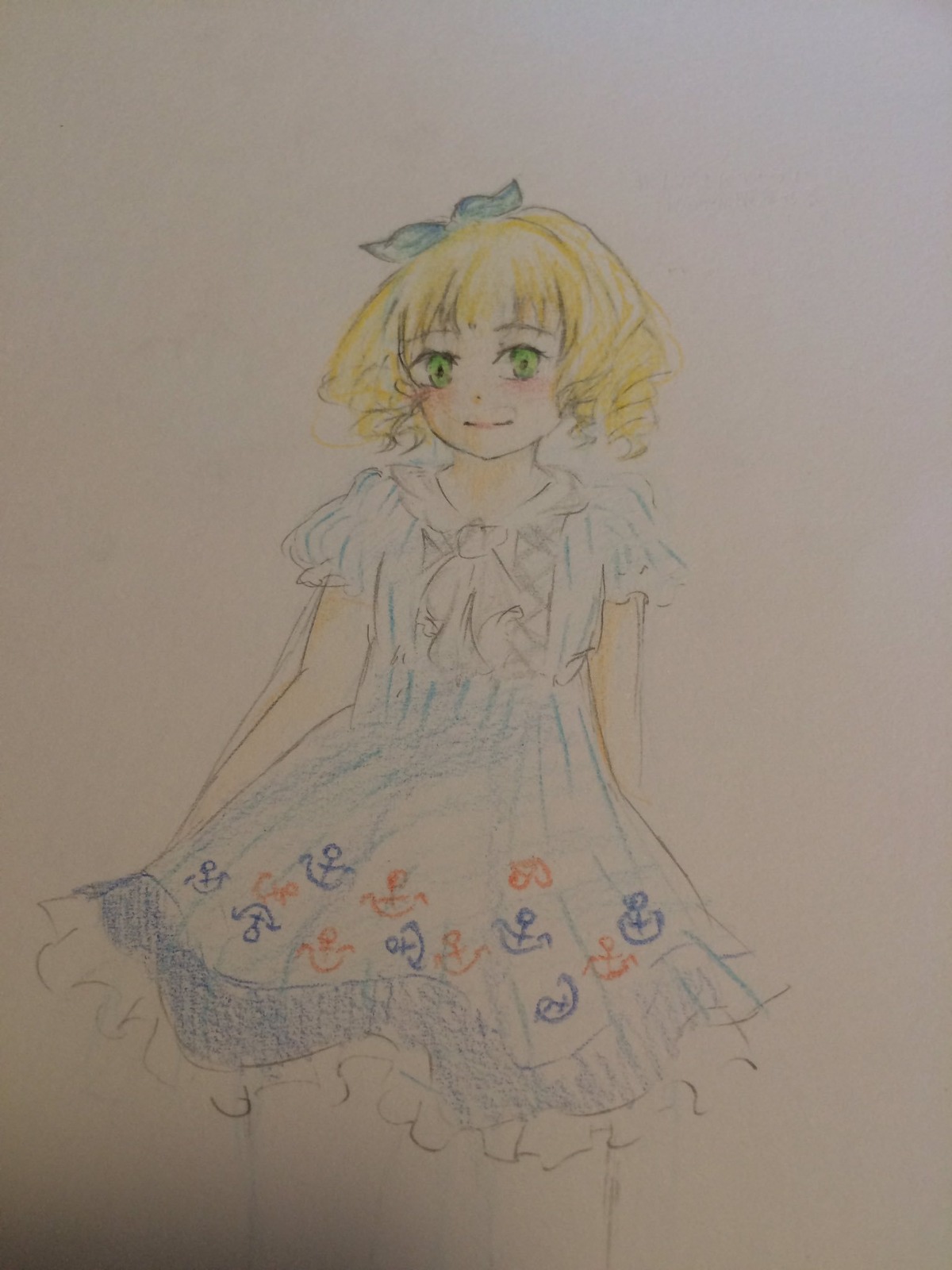 1girl blonde_hair bow dress green_eyes hinaichigo image photo short_hair smile solo traditional_media