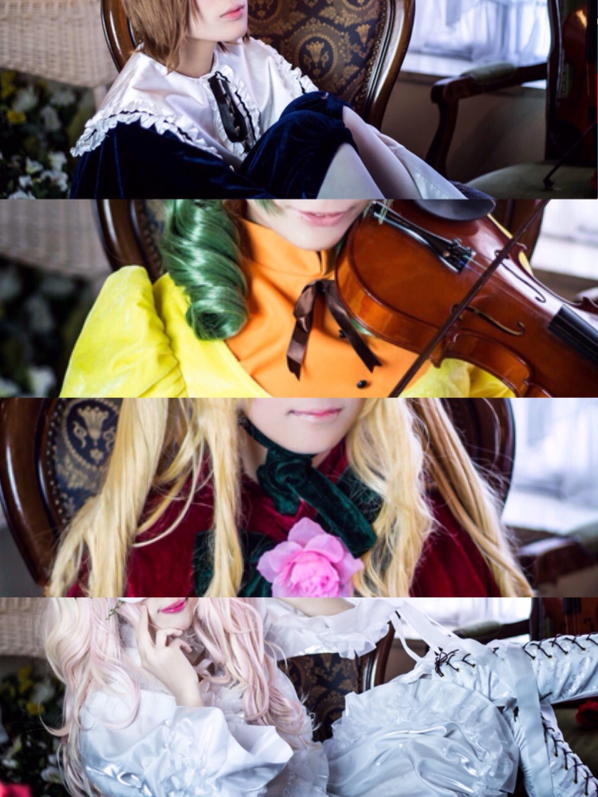 blonde_hair blurry closed_eyes depth_of_field flower hat head_out_of_frame instrument lips long_hair multiple_cosplay multiple_girls music rose short_hair tagme violin