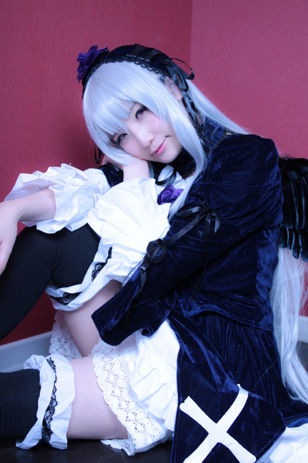 1girl black_legwear dress frills gothic_lolita hairband lace lips lolita_fashion long_hair long_sleeves looking_at_viewer realistic sitting solo suigintou thighhighs underwear