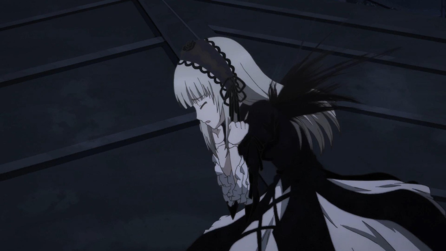 1girl black_dress black_wings closed_eyes dress frilled_sleeves frills hairband image long_hair long_sleeves ribbon silver_hair solo suigintou very_long_hair wings