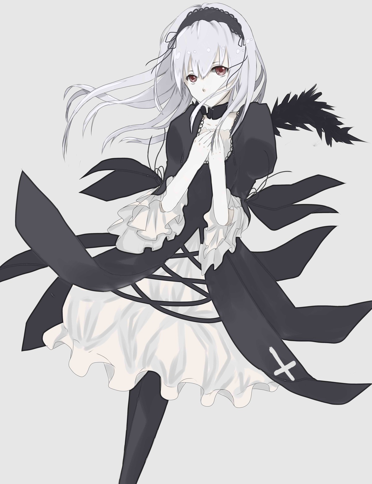 1girl bangs black_dress black_hairband black_legwear dress eyebrows_visible_through_hair frills grey_background hair_between_eyes hairband image long_hair long_sleeves looking_at_viewer puffy_sleeves red_eyes ribbon solo suigintou