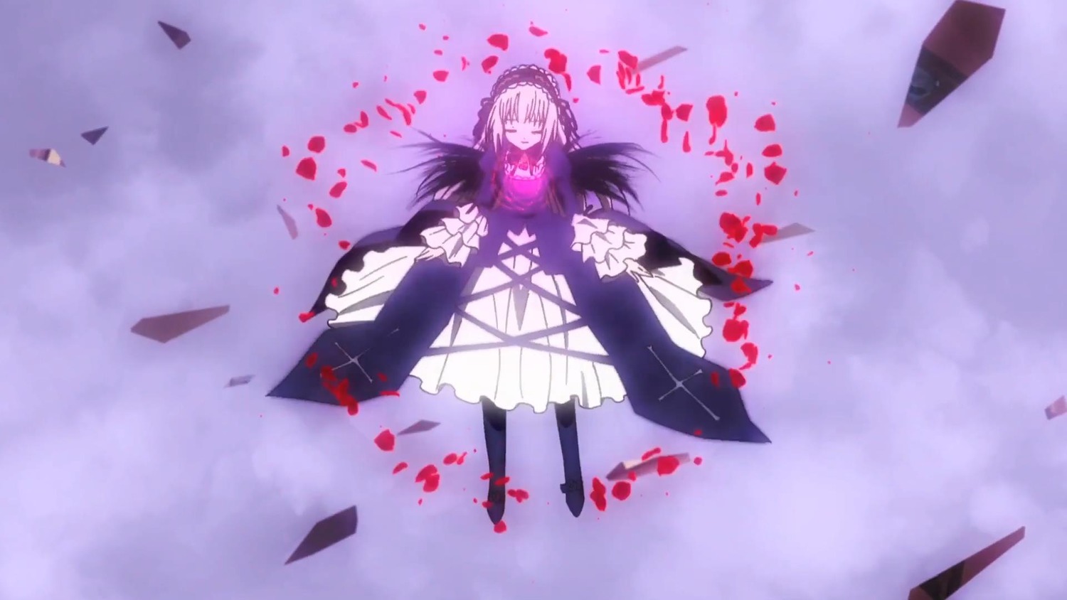 1girl black_dress black_wings closed_eyes dress flower frills hairband image long_hair long_sleeves lying petals ribbon rose silver_hair solo suigintou wings