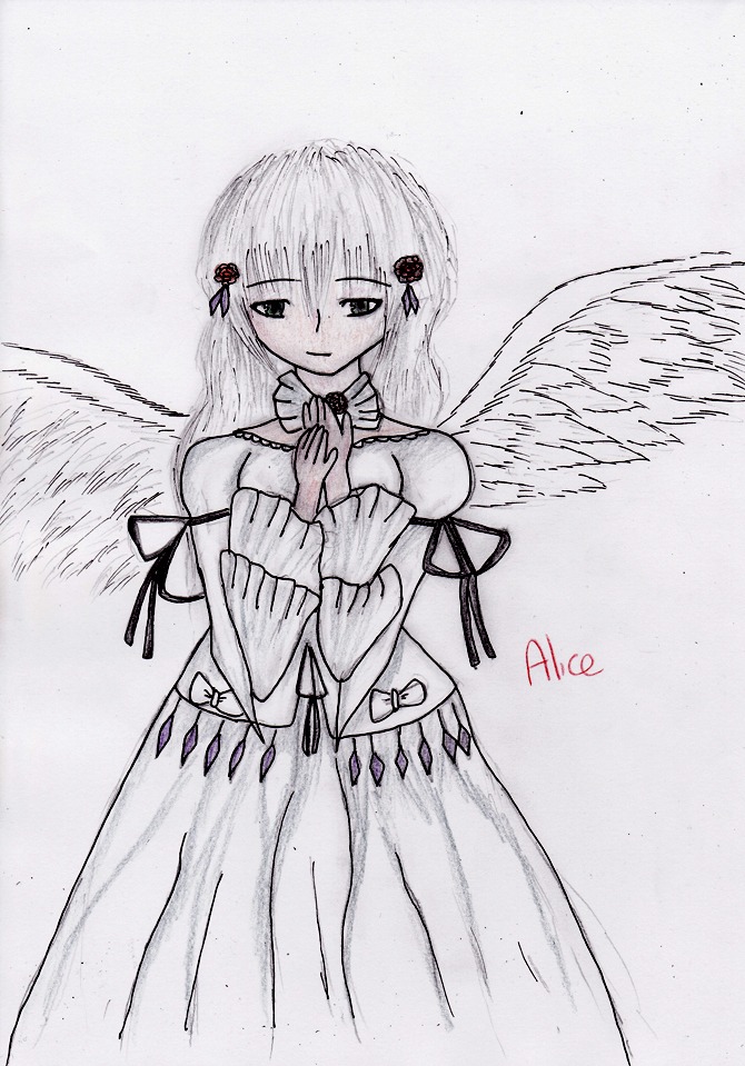 1girl angel angel_wings bare_shoulders closed_mouth dress feathered_wings hair_ornament image long_hair long_sleeves looking_at_viewer monochrome ribbon solo suigintou traditional_media wings