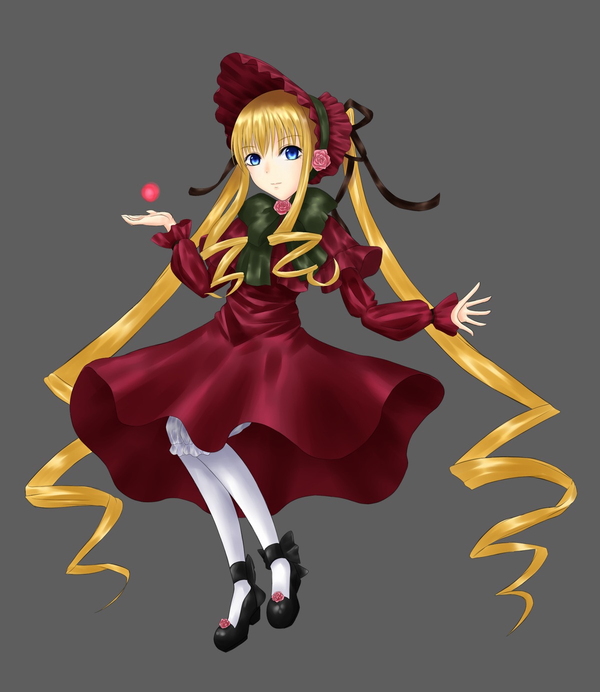 1girl black_footwear blonde_hair blue_eyes bonnet bow bowtie dress drill_hair flower full_body green_bow grey_background image long_hair long_sleeves looking_at_viewer pantyhose red_dress shinku shoes simple_background solo standing twin_drills twintails very_long_hair white_legwear