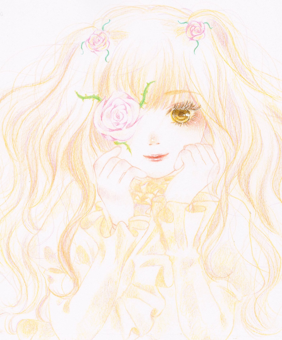 1girl bangs blonde_hair flower image kirakishou long_hair long_sleeves pink_flower pink_rose rose smile solo thorns traditional_media yellow_eyes yellow_rose