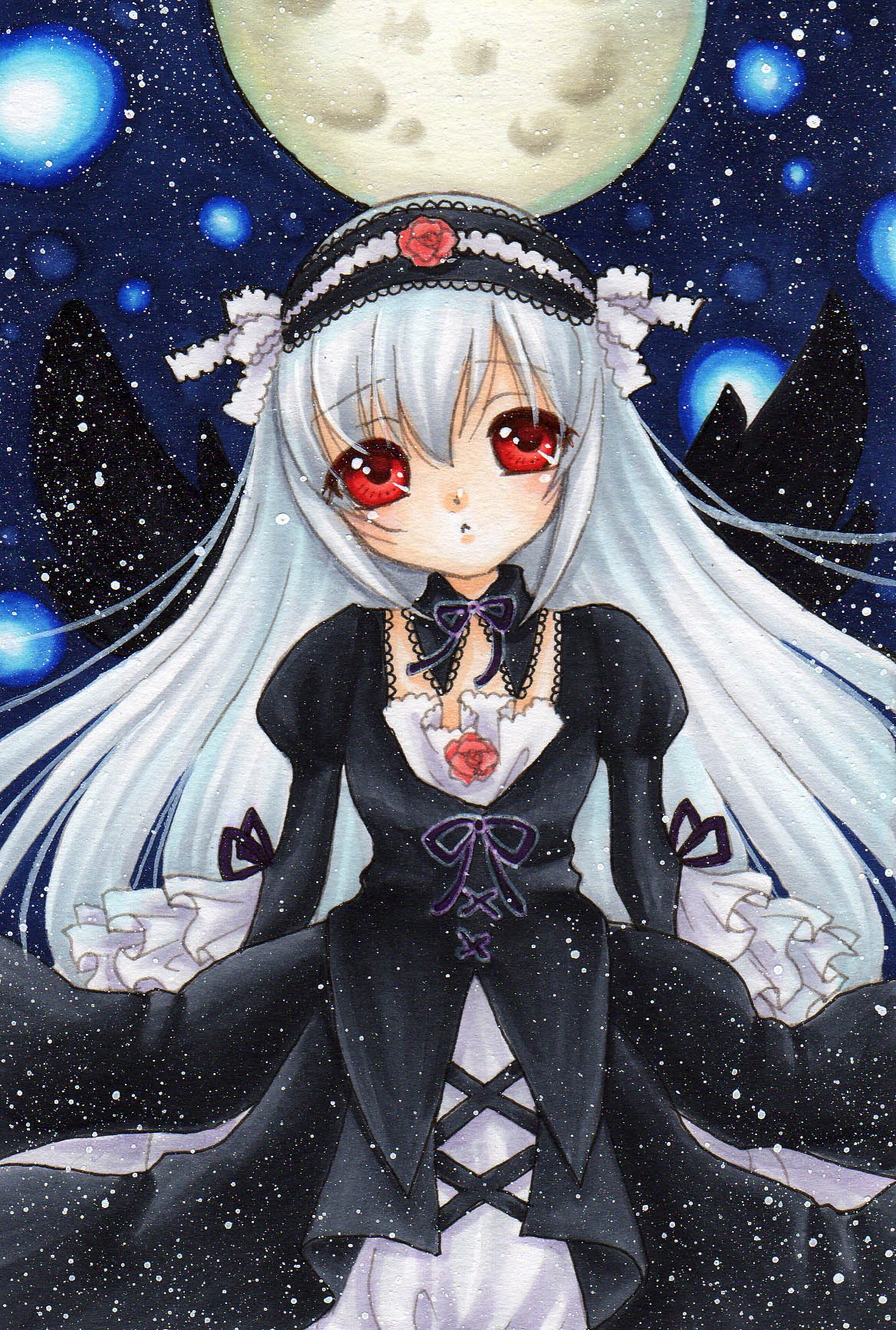 1girl dress flower full_moon gothic_lolita hairband image lolita_fashion lolita_hairband long_hair long_sleeves marker_(medium) moon night night_sky red_eyes rose sky solo star_(sky) starry_sky suigintou traditional_media very_long_hair watercolor_(medium)