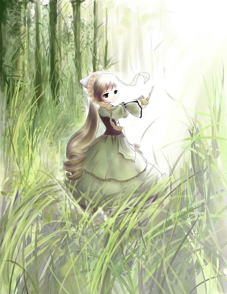 1girl blonde_hair brown_hair dress drill_hair forest grass green_dress green_eyes green_theme image long_hair long_sleeves looking_at_viewer nature outdoors plant solo standing suiseiseki very_long_hair