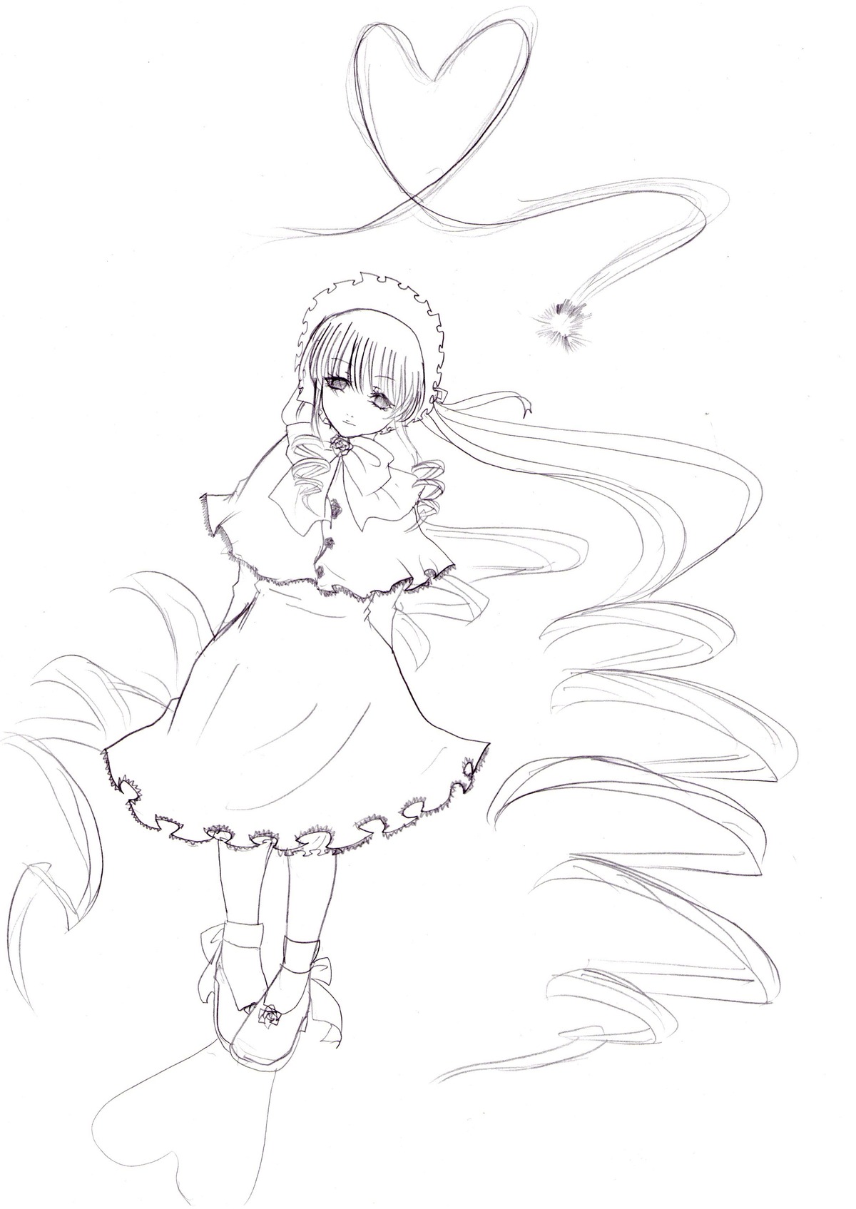 1girl capelet dress drill_hair full_body greyscale heart image long_hair long_sleeves monochrome shinku shoes solo standing twintails very_long_hair