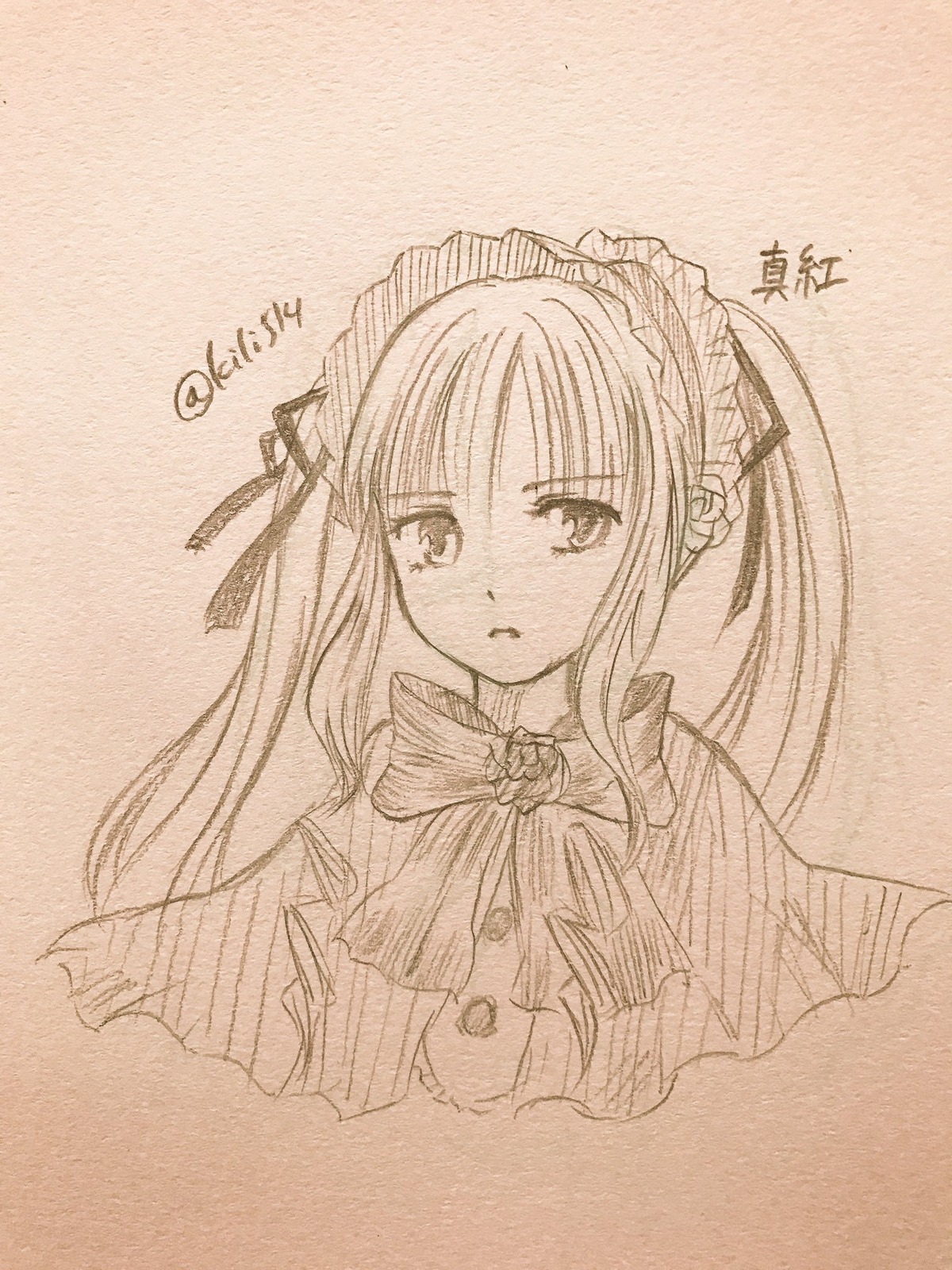 1girl bow capelet eyebrows_visible_through_hair hair_ribbon hairband image long_hair looking_at_viewer monochrome ribbon shinku simple_background solo traditional_media upper_body