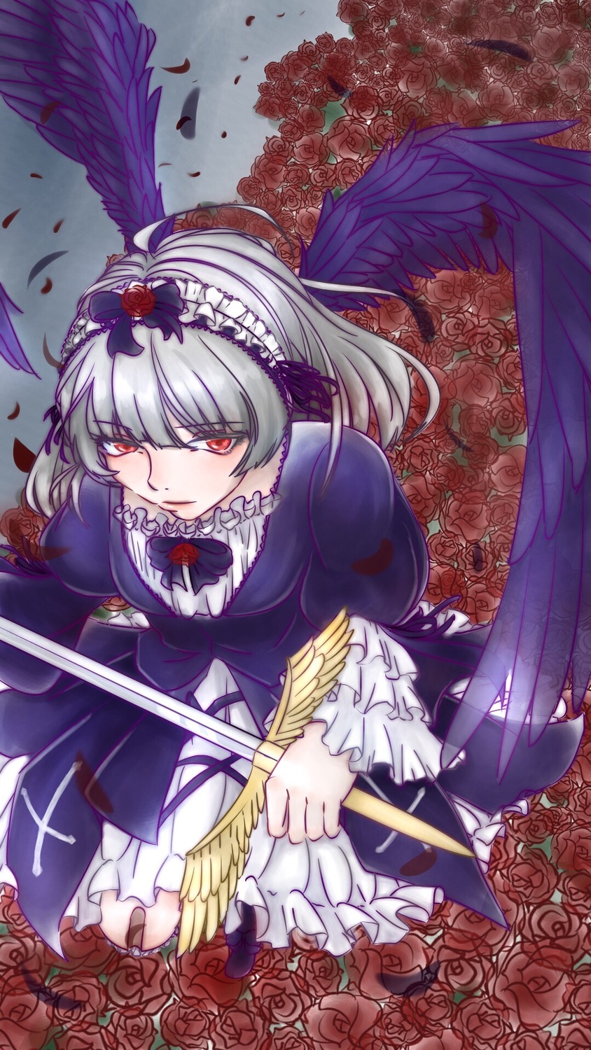 1girl black_wings dress feathered_wings feathers flower frills hairband image long_hair looking_at_viewer red_eyes red_flower red_rose rose silver_hair smile solo suigintou wings
