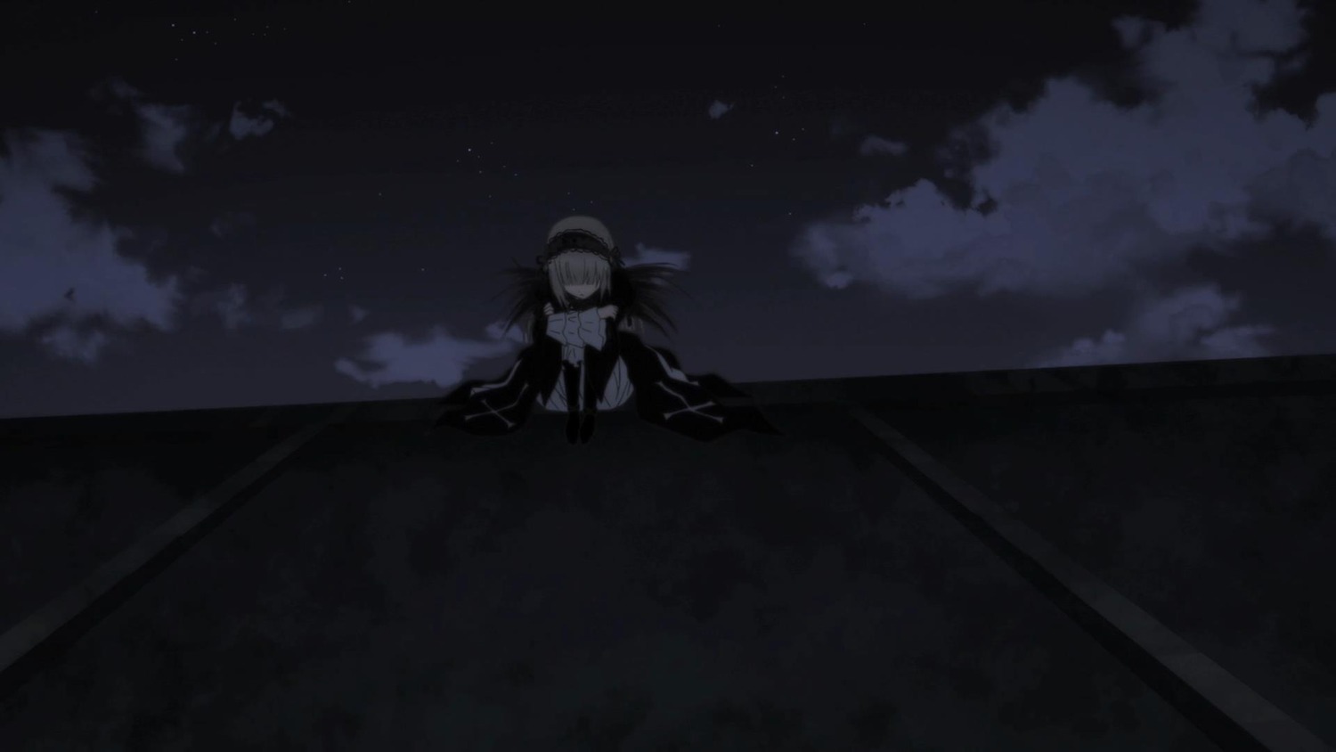 1girl closed_eyes cloud image long_hair monochrome night sky solo star_(sky) suigintou wings