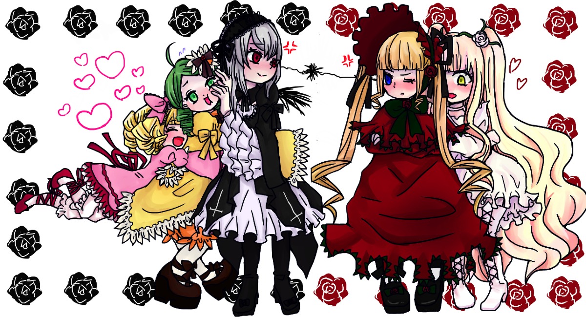 4girls blonde_hair blush bow dress drill_hair flower green_eyes heart hina_ichigo image kanaria long_hair multiple multiple_girls pink_bow red_eyes rose shinku souseiseki suigintou tagme yellow_eyes yuri