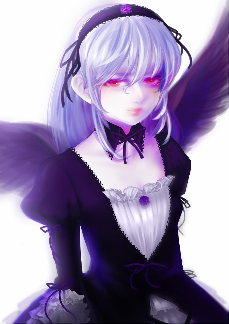 1girl auto_tagged black_wings detached_collar dress feathered_wings flower frills hairband image lolita_hairband long_hair long_sleeves looking_at_viewer pale_skin puffy_sleeves red_eyes ribbon rose simple_background solo suigintou upper_body white_background wings