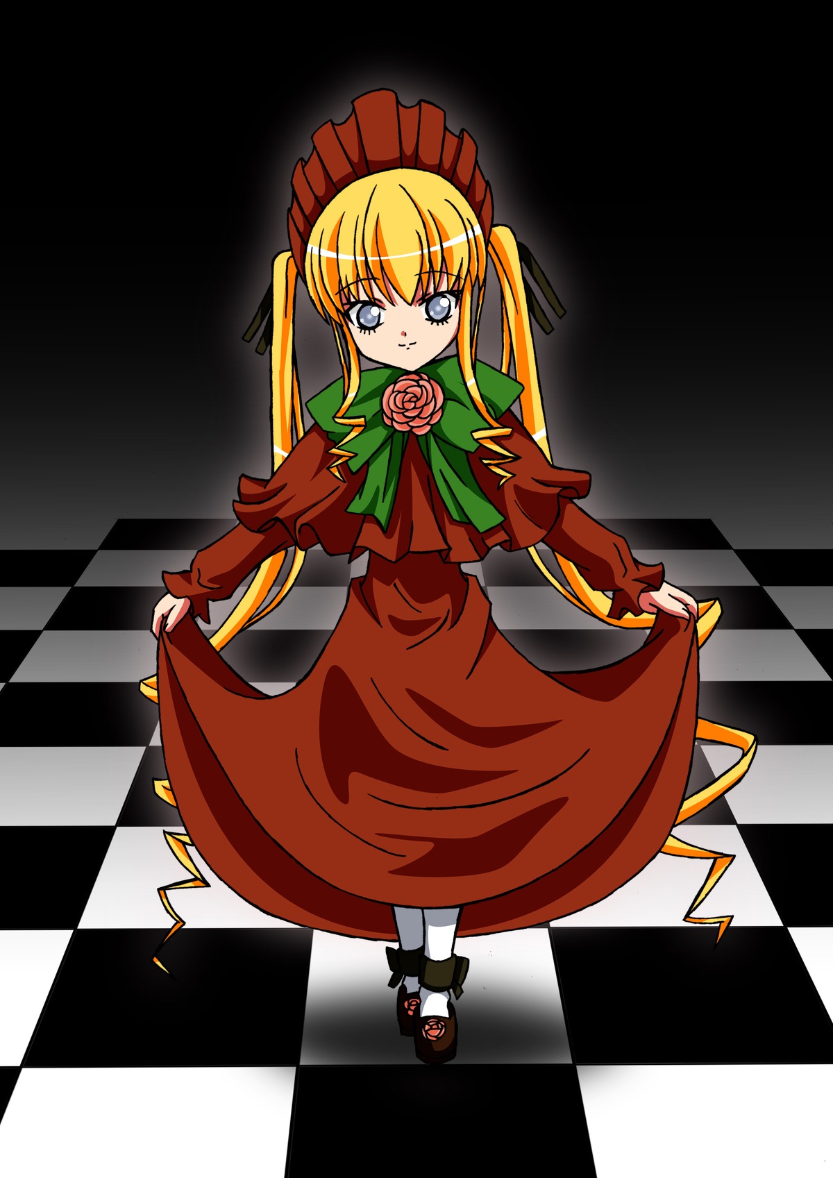 1girl argyle argyle_background argyle_legwear black_rock_shooter_(character) blonde_hair blue_eyes board_game bonnet bow bowtie checkerboard_cookie checkered checkered_background checkered_floor checkered_kimono checkered_scarf checkered_shirt checkered_skirt chess_piece cookie curtsey diamond_(shape) dress flag floor flower green_bow green_neckwear hair_ribbon himekaidou_hatate holding_flag image king_(chess) knight_(chess) long_hair mirror official_style on_floor perspective pillar pink_flower pink_rose plaid_background race_queen red_dress reflection reflective_floor rook_(chess) rose shinku shoes skirt_hold solo tile_floor tile_wall tiles twintails vanishing_point