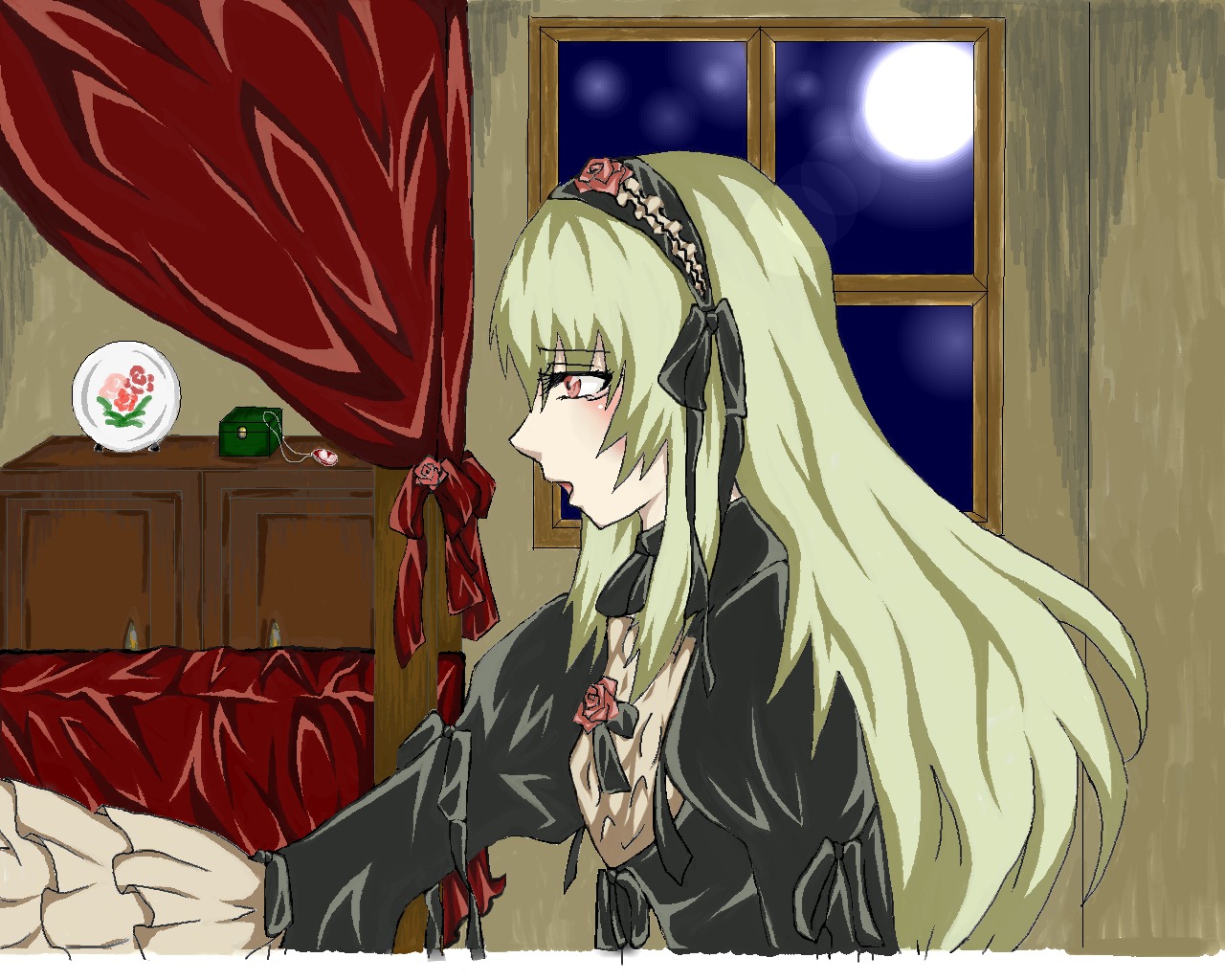 1girl doll_joints dress flower hairband image indoors joints long_hair long_sleeves moon night profile red_eyes red_flower rose sky solo suigintou table window wings