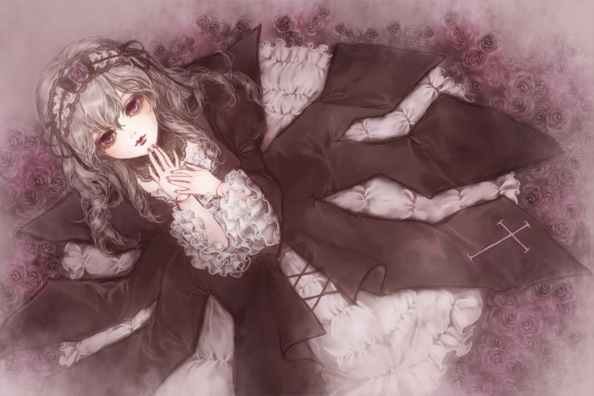 1girl commentary_request dress flower frills gothic_lolita hairband hands_clasped image lolita_fashion lolita_hairband long_hair long_sleeves looking_at_viewer own_hands_together pale_skin purple_eyes purple_flower purple_rose rose rozen_maiden silver_hair solo suigintou wide_sleeves yukishiro_(hitsuji)