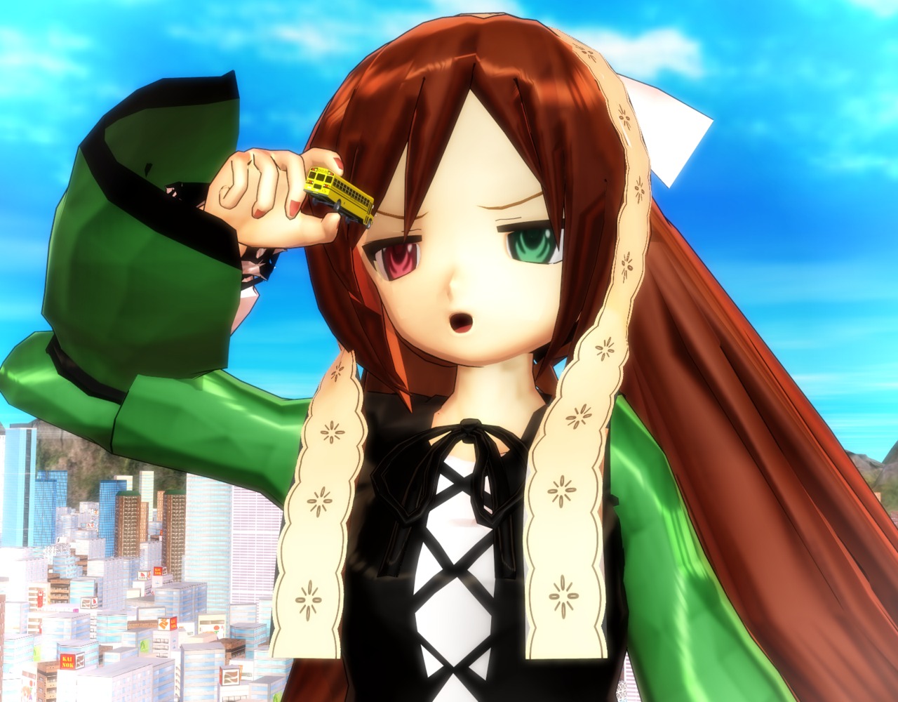 1girl brown_hair building day dress green_eyes heterochromia holding image long_hair long_sleeves open_mouth outdoors red_eyes sky solo suiseiseki upper_body